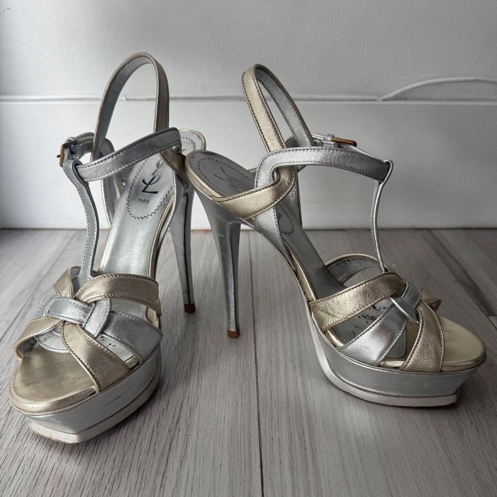 Yves Saint Laurent Tribute silver gold heels 38